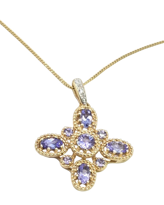 Vintage: 9ct Yellow Gold Tanzanite & Diamond Floral Cross Pendant & Chain