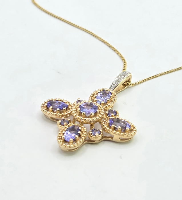 Vintage: 9ct Yellow Gold Tanzanite & Diamond Floral Cross Pendant & Chain