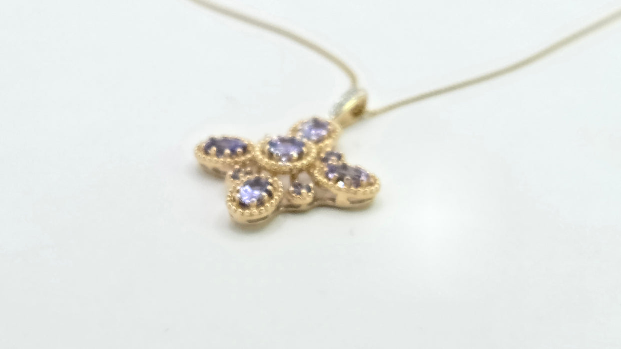 Vintage: 9ct Yellow Gold Tanzanite & Diamond Floral Cross Pendant & Chain