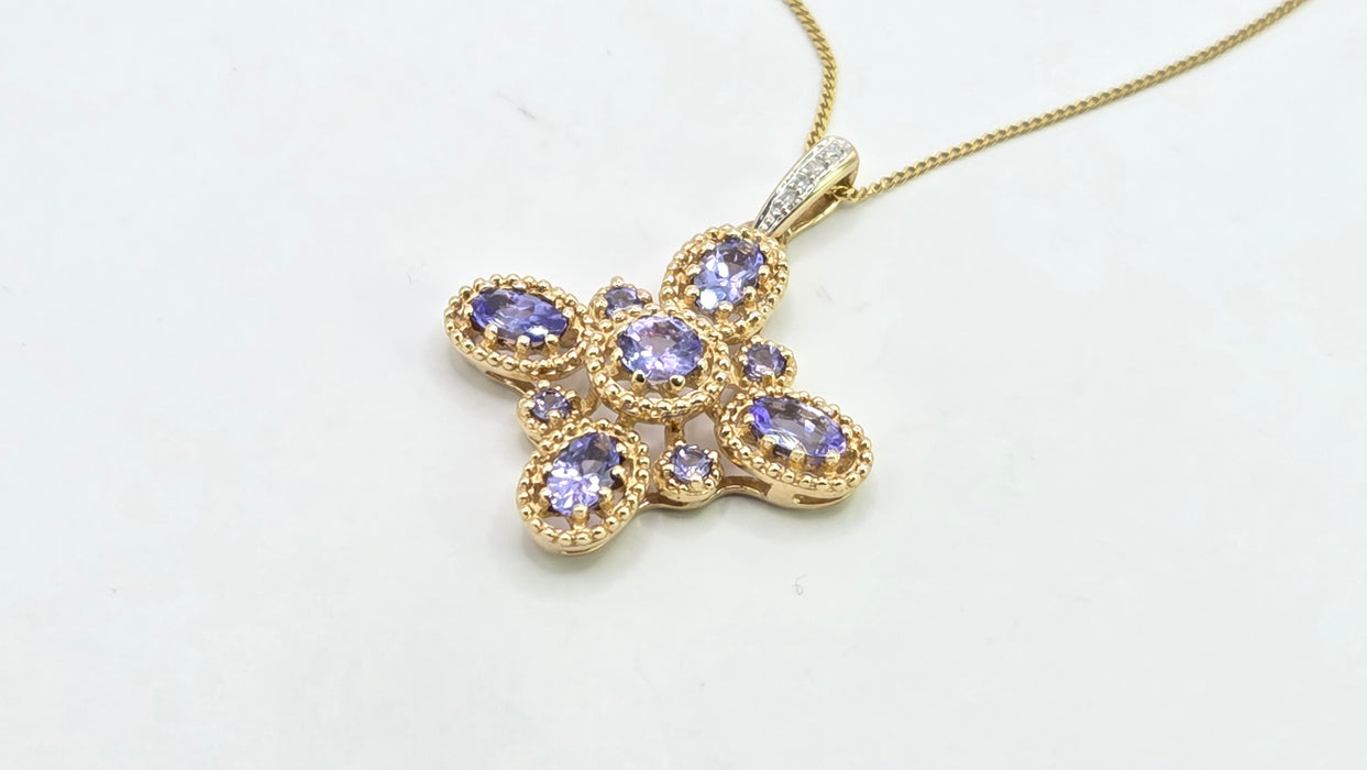 Vintage: 9ct Yellow Gold Tanzanite & Diamond Floral Cross Pendant & Chain