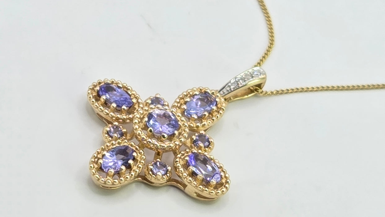 Vintage: 9ct Yellow Gold Tanzanite & Diamond Floral Cross Pendant & Chain