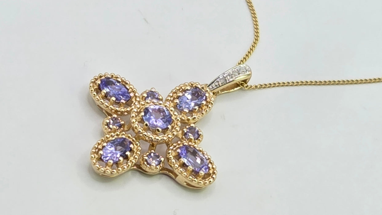 Vintage: 9ct Yellow Gold Tanzanite & Diamond Floral Cross Pendant & Chain