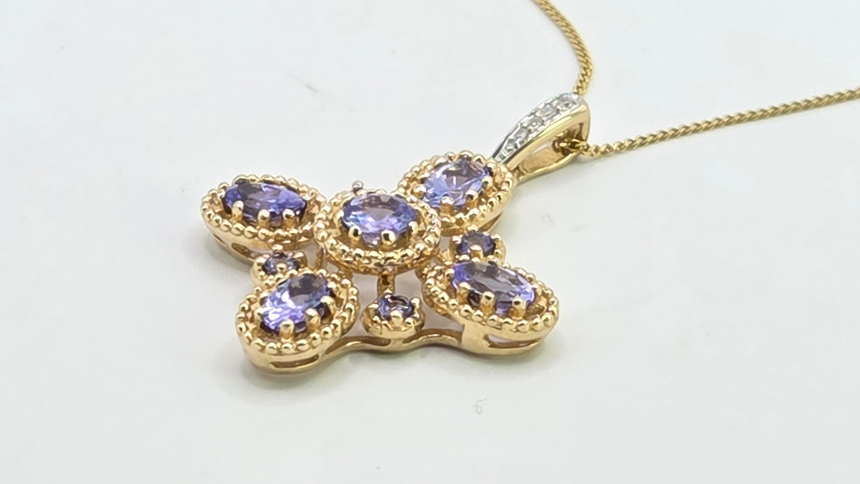Vintage: 9ct Yellow Gold Tanzanite & Diamond Floral Cross Pendant & Chain