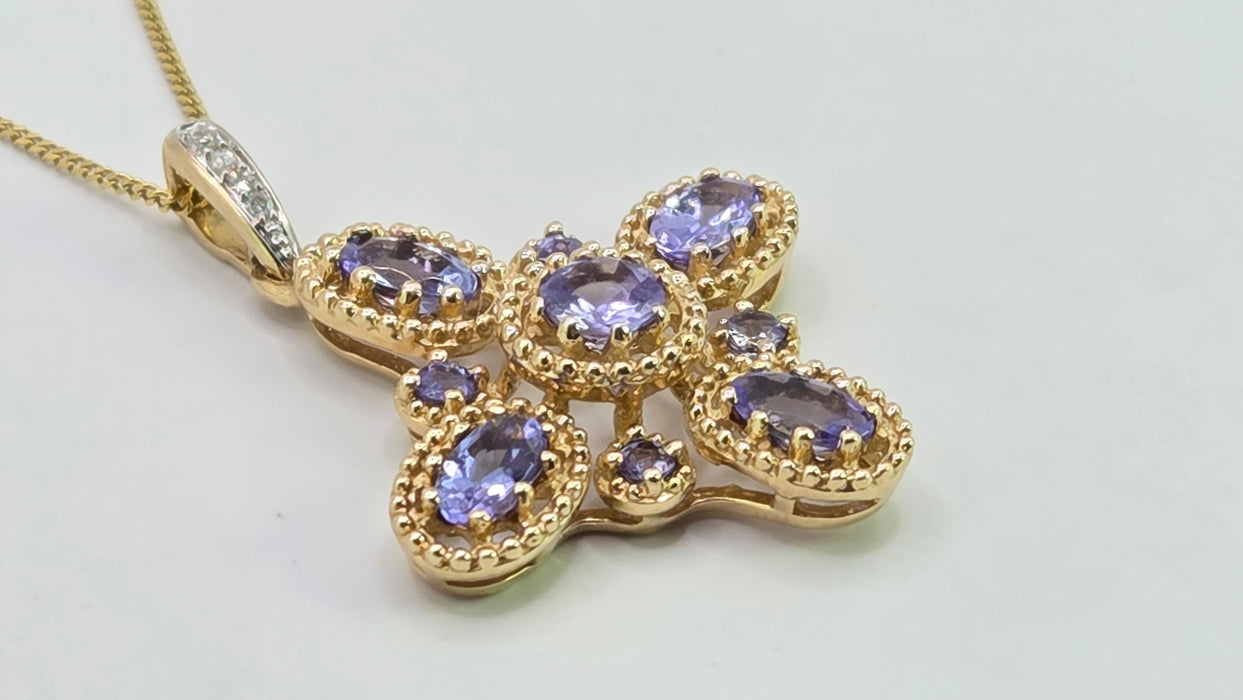 Vintage: 9ct Yellow Gold Tanzanite & Diamond Floral Cross Pendant & Chain