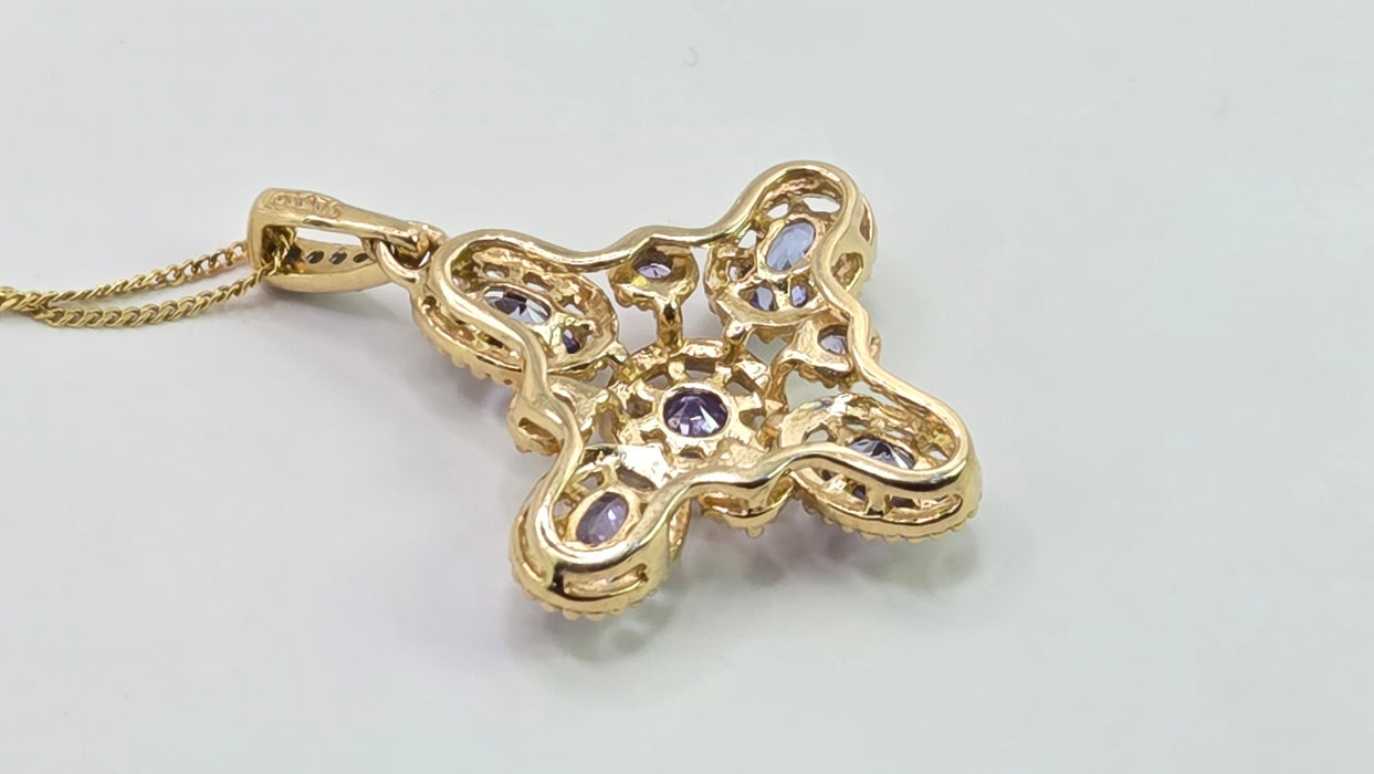 Vintage: 9ct Yellow Gold Tanzanite & Diamond Floral Cross Pendant & Chain