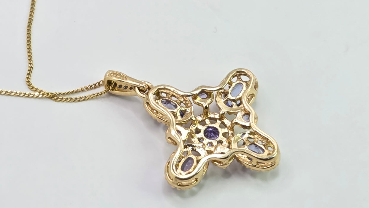Vintage: 9ct Yellow Gold Tanzanite & Diamond Floral Cross Pendant & Chain