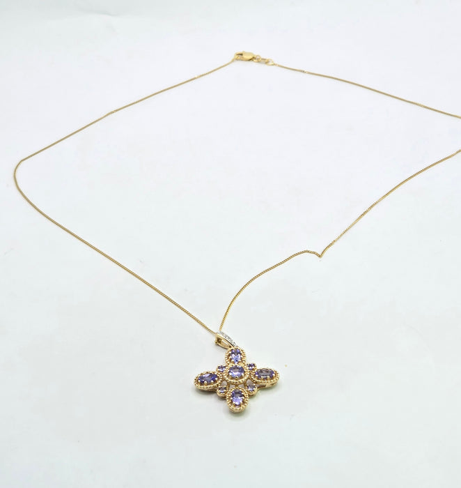 Vintage: 9ct Yellow Gold Tanzanite & Diamond Floral Cross Pendant & Chain