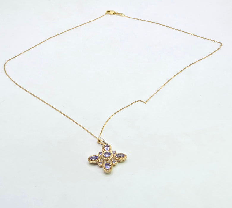 Vintage: 9ct Yellow Gold Tanzanite & Diamond Floral Cross Pendant & Chain