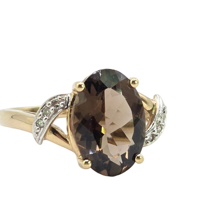 Vintage: 9ct Yellow Gold Smoky Quartz & Diamond Ring