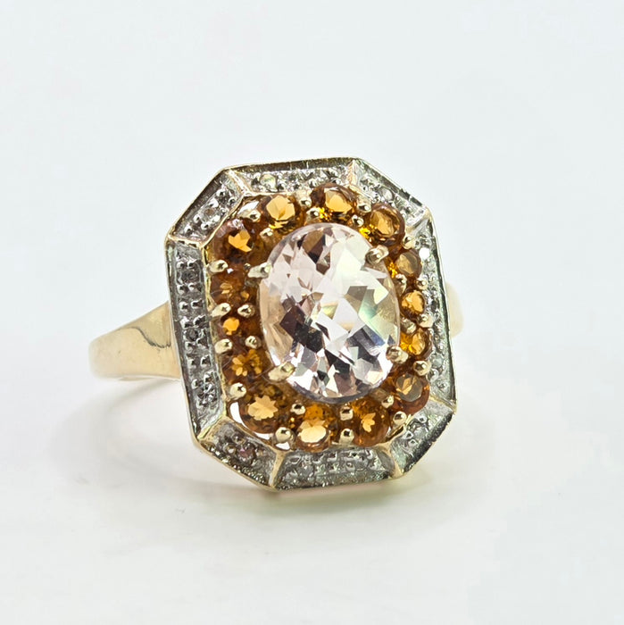 Vintage: 9ct Yellow Gold Pink Quartz, Citrine & Diamond Dress Ring