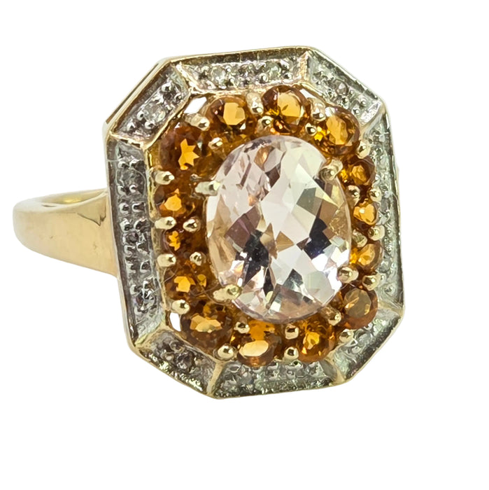Vintage: 9ct Yellow Gold Pink Quartz, Citrine & Diamond Dress Ring