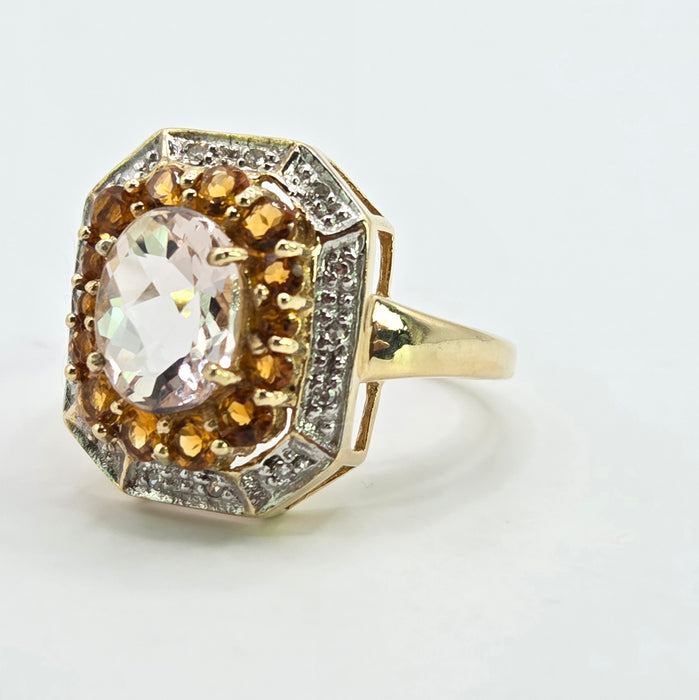 Vintage: 9ct Yellow Gold Pink Quartz, Citrine & Diamond Dress Ring