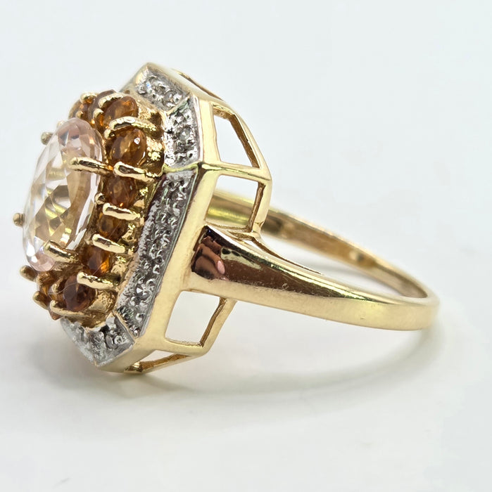 Vintage: 9ct Yellow Gold Pink Quartz, Citrine & Diamond Dress Ring