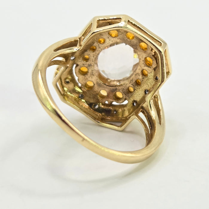 Vintage: 9ct Yellow Gold Pink Quartz, Citrine & Diamond Dress Ring