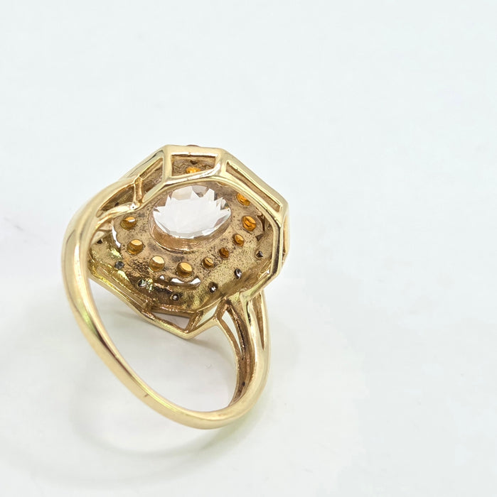 Vintage: 9ct Yellow Gold Pink Quartz, Citrine & Diamond Dress Ring