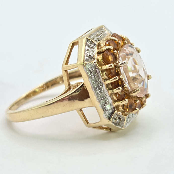 Vintage: 9ct Yellow Gold Pink Quartz, Citrine & Diamond Dress Ring