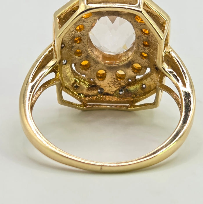 Vintage: 9ct Yellow Gold Pink Quartz, Citrine & Diamond Dress Ring