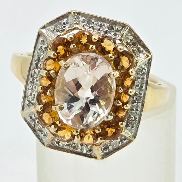 Vintage: 9ct Yellow Gold Pink Quartz, Citrine & Diamond Dress Ring