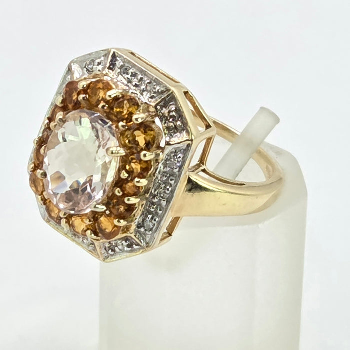Vintage: 9ct Yellow Gold Pink Quartz, Citrine & Diamond Dress Ring