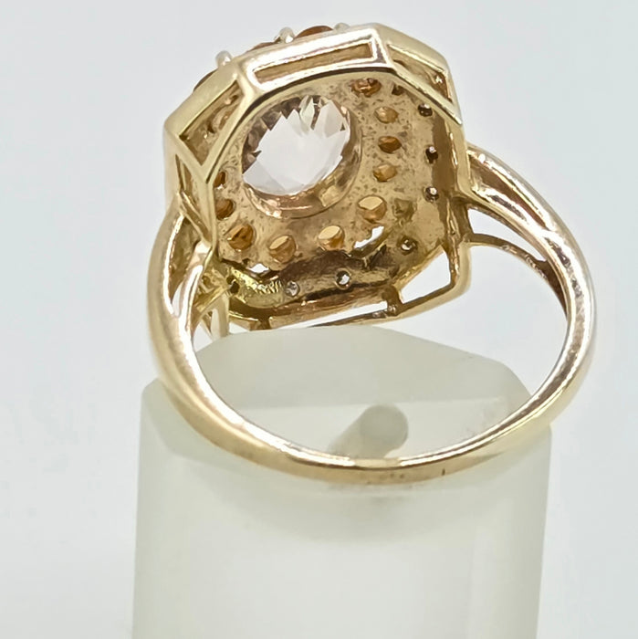Vintage: 9ct Yellow Gold Pink Quartz, Citrine & Diamond Dress Ring