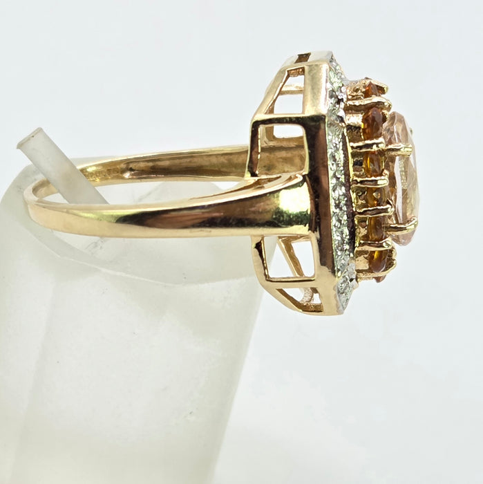 Vintage: 9ct Yellow Gold Pink Quartz, Citrine & Diamond Dress Ring