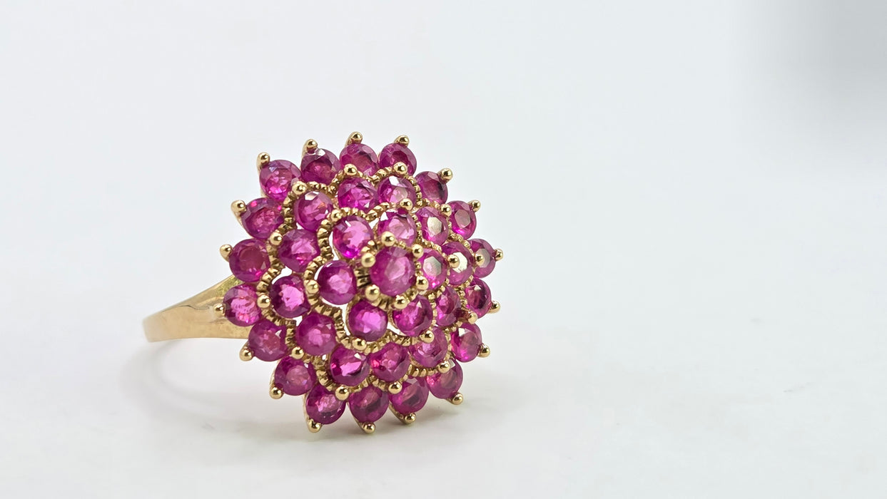 Vintage: 9ct Yellow Gold Ruby Round Cluster Cocktail Ring