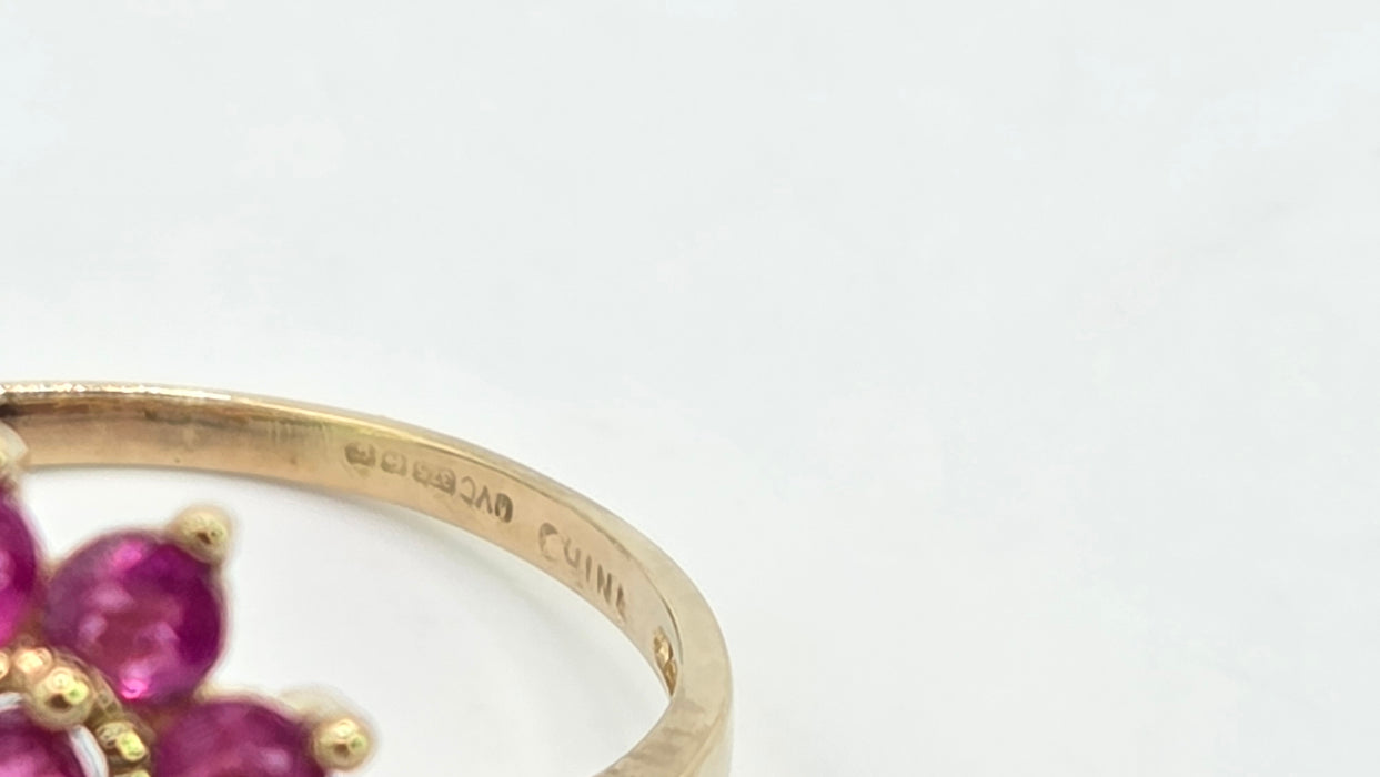 Vintage: 9ct Yellow Gold Ruby Round Cluster Cocktail Ring