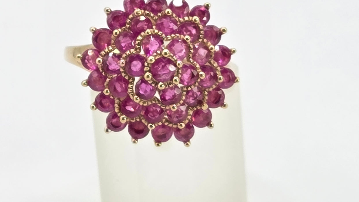 Vintage: 9ct Yellow Gold Ruby Round Cluster Cocktail Ring