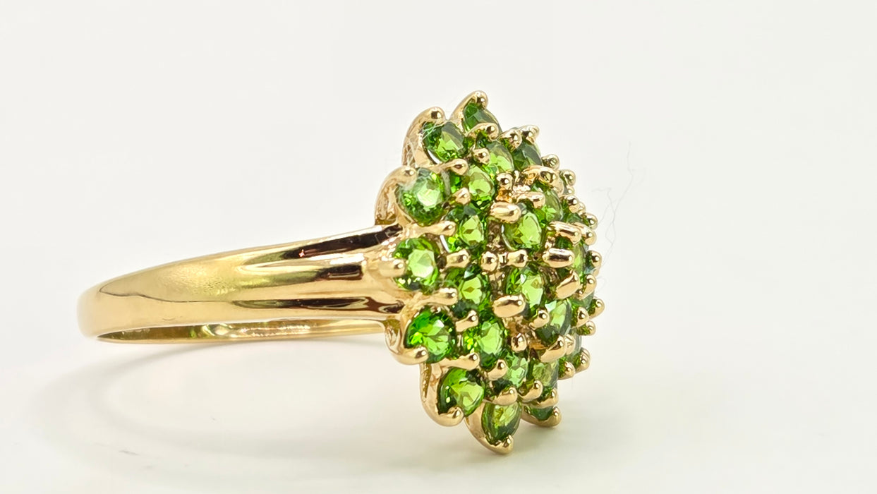 Vintage: 9ct Yellow Gold Demantoid Garnet Round Cluster Ring