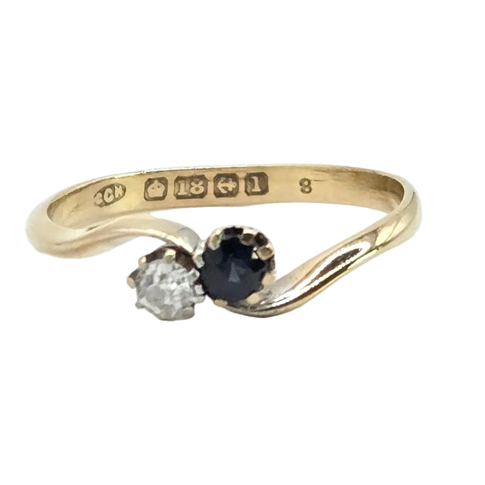 Antique: 18ct Yellow Gold Sapphire & Diamond Moi et Toi Crossover Ring — From 1910