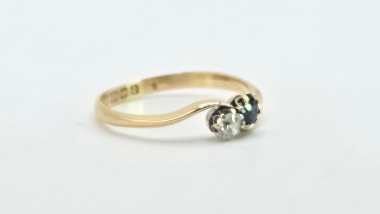 Antique: 18ct Yellow Gold Sapphire & Diamond Moi et Toi Crossover Ring — From 1910