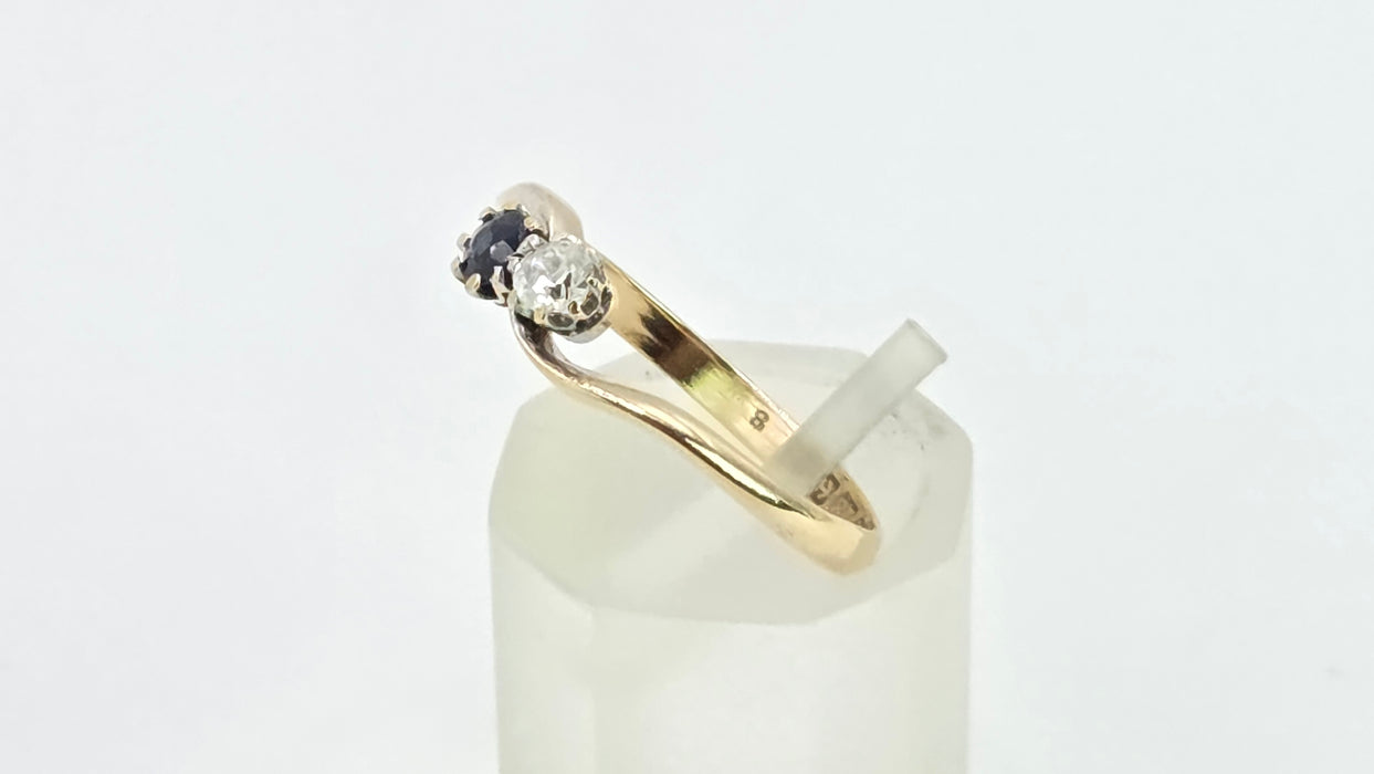 Antique: 18ct Yellow Gold Sapphire & Diamond Moi et Toi Crossover Ring — From 1910