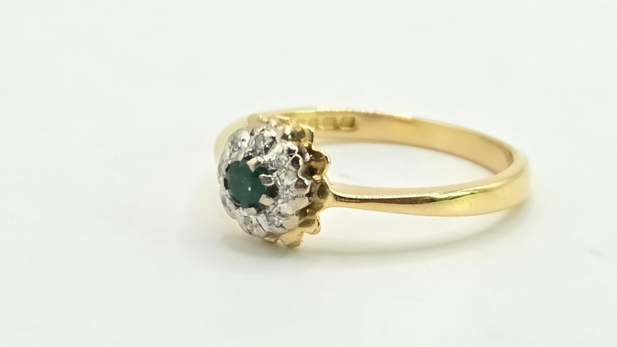 Vintage: 18ct Yellow Gold Emerald & Diamond Target Ring — From 1970