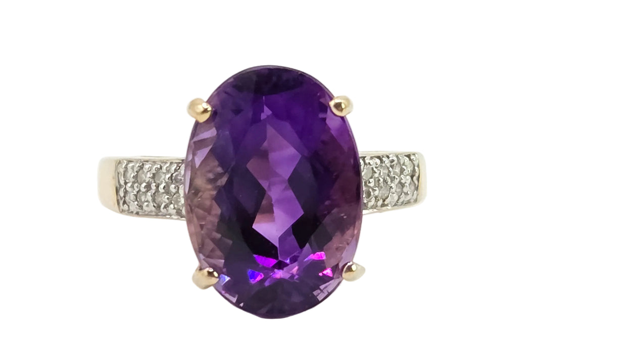 Vintage: 9ct Yellow Gold Amethyst & Diamond Cocktail Ring