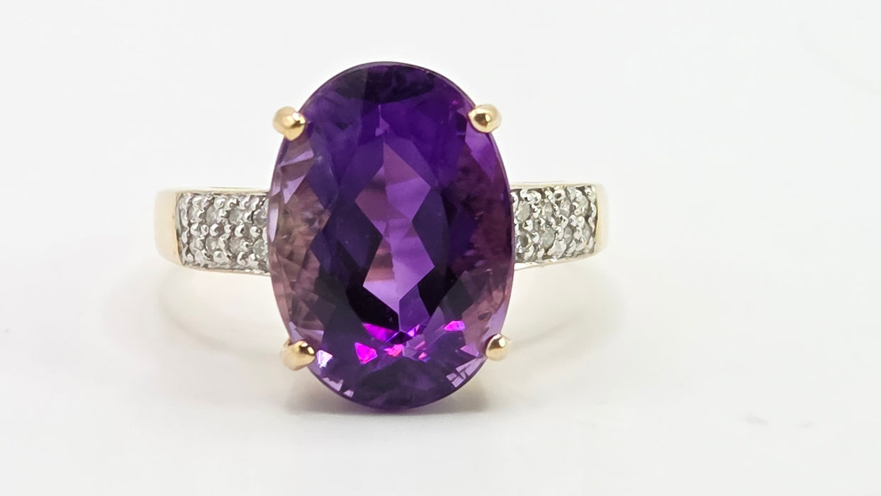 Vintage: 9ct Yellow Gold Amethyst & Diamond Cocktail Ring