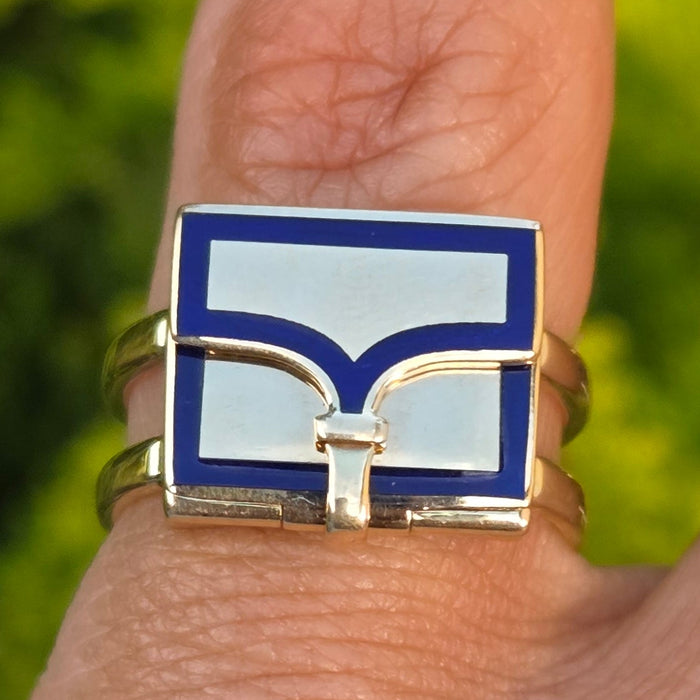 Antique: 18ct Yellow Gold Art Deco Blue Enamel Secret Compartment/ Poison Ring