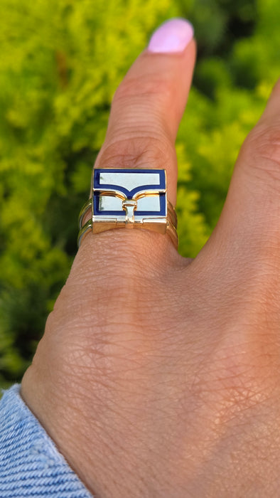 Antique: 18ct Yellow Gold Art Deco Blue Enamel Secret Compartment/ Poison Ring