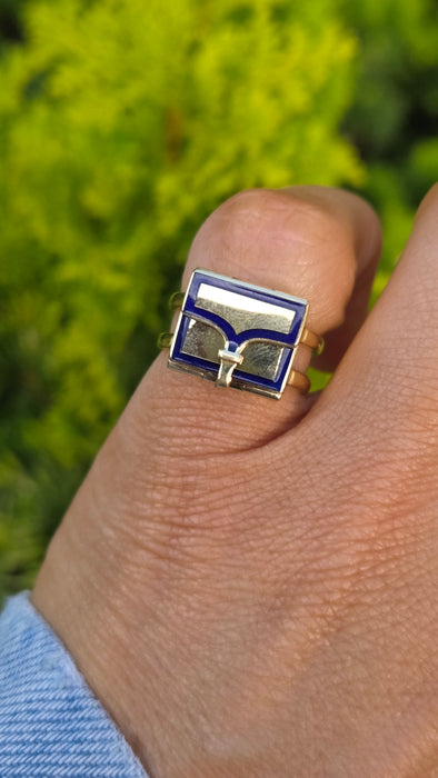 Antique: 18ct Yellow Gold Art Deco Blue Enamel Secret Compartment/ Poison Ring