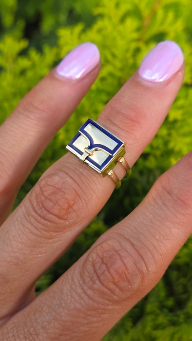 Antique: 18ct Yellow Gold Art Deco Blue Enamel Secret Compartment/ Poison Ring