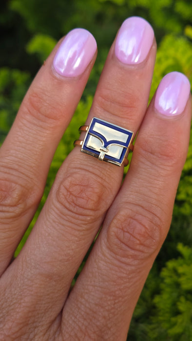 Antique: 18ct Yellow Gold Art Deco Blue Enamel Secret Compartment/ Poison Ring