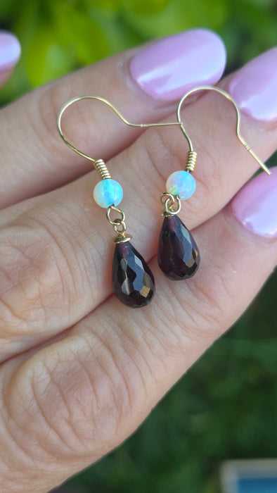 Vintage: 9ct Yellow Gold Opal & Garnet Briolette Drop Earrings