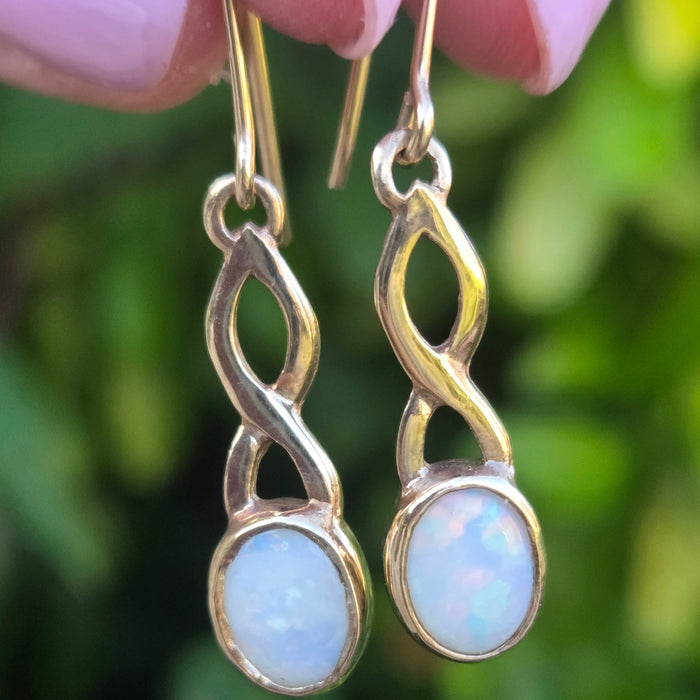 Vintage: 9ct Yellow Gold Oval Opal Shepherd's Hook Drop Earrings