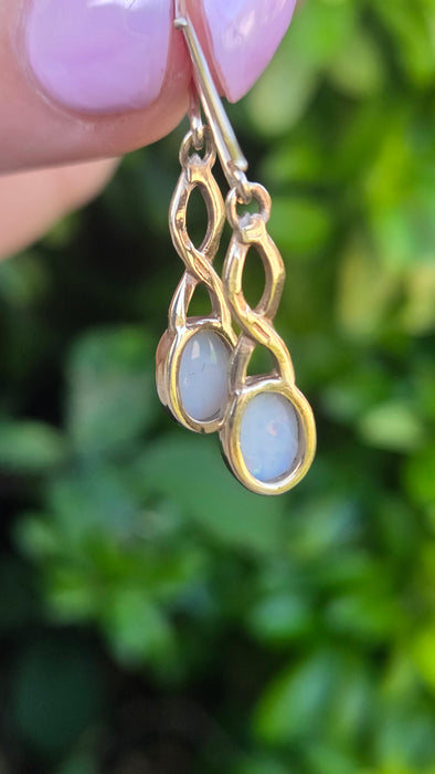 Vintage: 9ct Yellow Gold Oval Opal Shepherd's Hook Drop Earrings