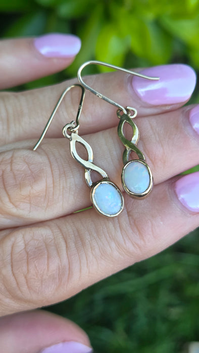 Vintage: 9ct Yellow Gold Oval Opal Shepherd's Hook Drop Earrings