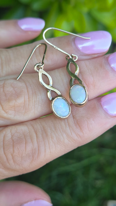 Vintage: 9ct Yellow Gold Oval Opal Shepherd's Hook Drop Earrings