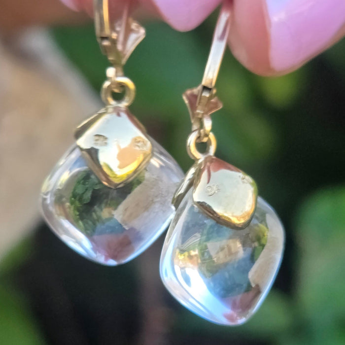 Vintage: 9ct Yellow Gold Rock Crystal Cushion Cabochon Drop Earrings