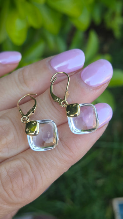 Vintage: 9ct Yellow Gold Rock Crystal Cushion Cabochon Drop Earrings