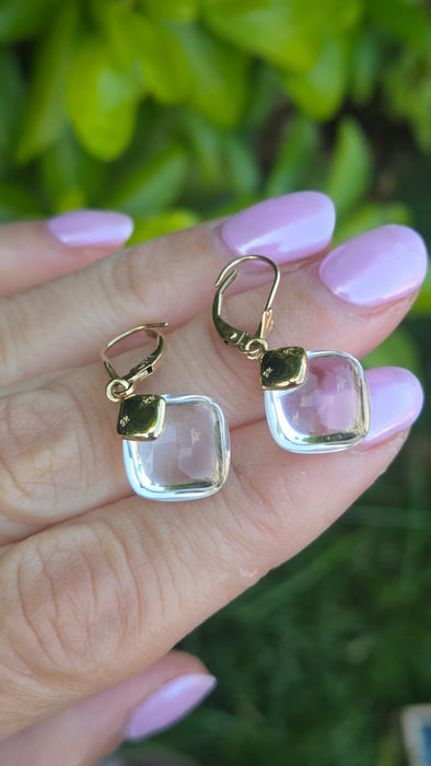 Vintage: 9ct Yellow Gold Rock Crystal Cushion Cabochon Drop Earrings