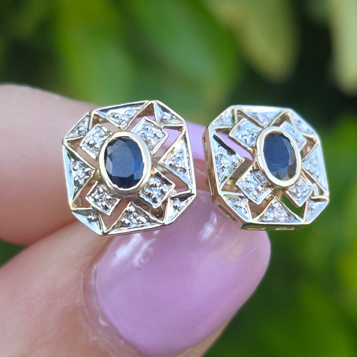 Vintage: 9ct Yellow Gold Sapphire & Diamond Art Deco Style Octagonal Stud Earrings