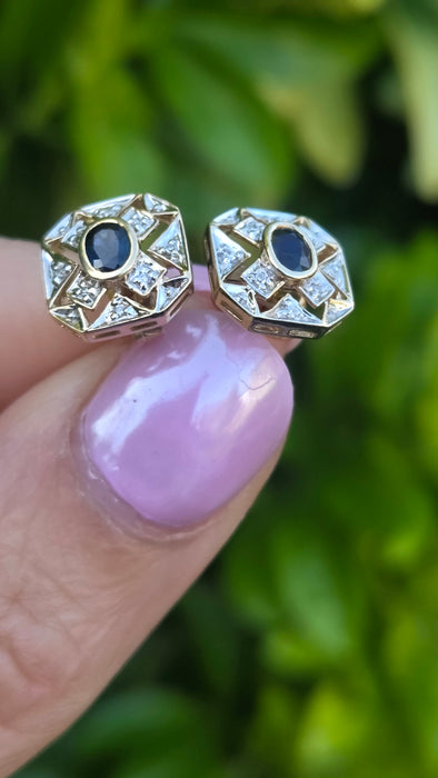 Vintage: 9ct Yellow Gold Sapphire & Diamond Art Deco Style Octagonal Stud Earrings